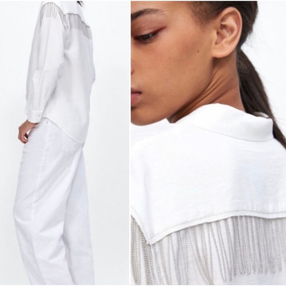 White Chain Fringe Shirt Size L Zara Western Rockabilly Long Sleeve Button Front